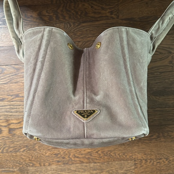 Authentic Prada Canapa Hand Bag tote Lg Dark Beige/brownish  tan color Canvas - Picture 13 of 17
